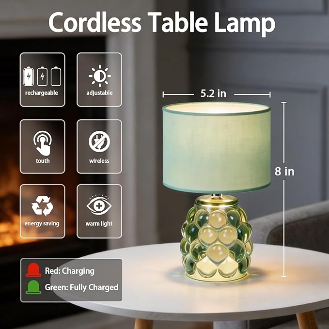 MJ PREMIER Small Rechargeable Lamp Dimmable Cordless Lamps Touch Control 3 Color Changing LED Light Small Battery Operated Wireless Desk Lamp for Home Bedroom, Modern Decor, Ambient Lighting Green