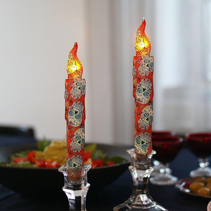 Day of The Dead Style Skull Flameless Short Taper Candles, Drip LED Battery Operated with Remote, Flickering Flame Lights for Home Décor, 6.7 Inch Primitive Flameless Print Candles, 4PCS