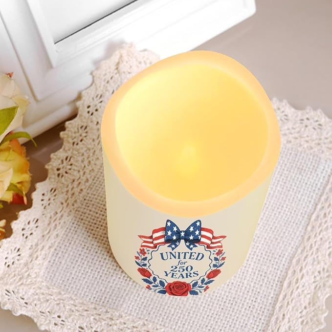 United for 250 Years Fake Candles Flowers Independence Day Battery Led Lights Fourth of July LED Flickering Remote Control Candle Decors for Patio Porch Mantle, 4 Pack