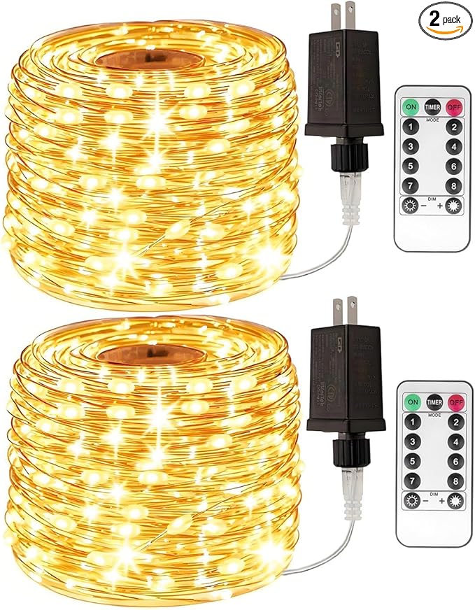 2 Pack Plug in Fairy Lights 100FT 300 LED Waterproof Silver Wire LED Twinkle String Lights with Remote for Living Room Bedroom Patio Porch Garden Christmas Tree Wedding
