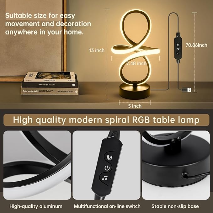 Modern RGB Table Lamps, 7 Colors 10 Light Spiral Bedside Lamp with Remote&APP, Cool Table Lamp, Dimmable LED Nightstand Lamp with Scene/Music Modes for Bedroom, Living Room, Christmas Gifts Black