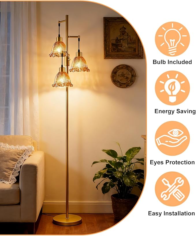 Glass Floor Lamps for Living Room, 3-Light Gold Dimmable Floor Lamp with Brown Glass Shade& Bulbs Included, Mid Century Standing Tall Lamp for Bedroom/Sofa Beside/Corner Decor