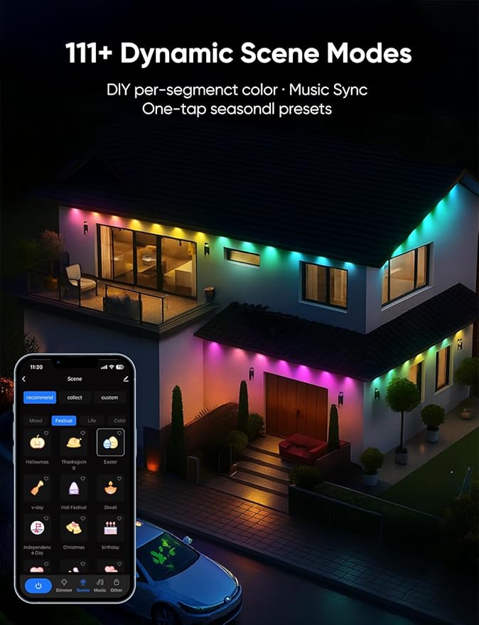 Smart Permanent Outdoor Lights, RGB with IC + Warm White 2700K, Under-Eave Lighting, Wi-Fi/Voice/Remote Control, 100ft/72 LEDs/IP67 Light / IP65 Controller, 111+ Scenes/Music Sync, Alexa/Google