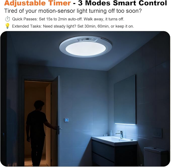 Wireless Motion Sensor Ceiling Light, 7.5" Ultra-Thin, 8000mAh Rechargeable, 450LM, 5 Color Temps, Dimmable with Timer & Remote, Magnetic Stick-On/Screw Mount for Closet, Hallway, 2-Pack