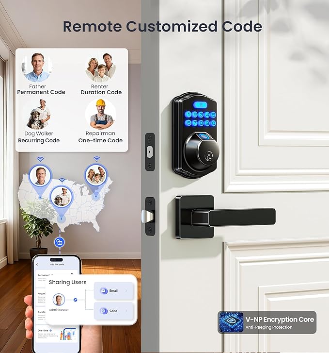 Veise VE012W-L Built-in Wi-Fi Fingerprint Smart Lock with Lever Handle Set, App Remote Control, Keyless Entry for Front Door, Deadbolt Digital Backlit Keypad, Voice Assistant, Auto Lock, Matte Black