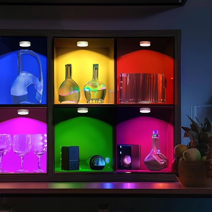 Puck Lights with Remote, 13 Colors Rechargeable Night Light, 1500mAh Under Cabinet Motion Sensor Lighting with Multicolor and Timing Function, RGB Puck Lights for Cabinets Kitchen, Stairs (4P）