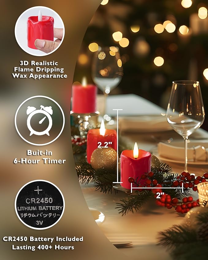 Homemory 6Pack 2" x 2" Red LED Votive Candles with Timer, 400+Hour Battery Operated, Polypropylene Material, Ideal for Home Decorations