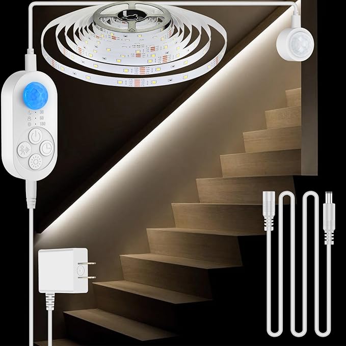Dual Motion Sensor Light Indoor - Plug-in Motion Activated LED Step Stair Light Strip with Double Sensors, Dimmer and Timer for Stairway, Bedroom, Corridor (Cold White 6000K 16.4FT Strip)