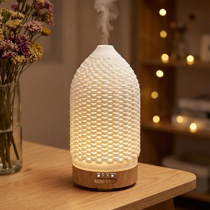 Ultrasonic Essential Oil Diffuser 100ML 3D Printing Ceramic - Cool Mist Humidifier, 7-Color LED Lights, 3 Timer & Auto Shut-Off, Ideal Gift for Home Bedroom Office (White)