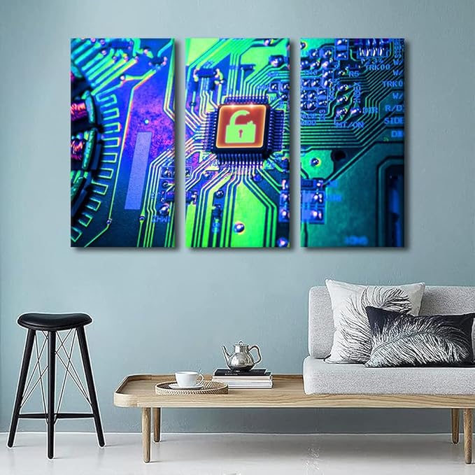 TUMOVO Canvas Wall Art 3 Panel CPU Concept Poster Wall Decor for Living Room Bedroom Bathroom Office Artwork Circuit Board Information Technology Modern House Decor Framed Ready to Hang(28" Wx42 H)