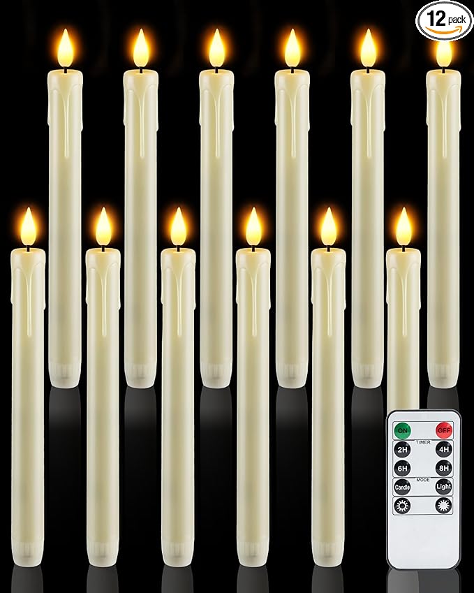Homemory 12 Pcs Plastic Flameless Taper Candles with Remote Timer Dimmer, Ivory Led Candlesticks with Flickering Flame Light, Lifelike Taper Candles Battery Operated for Indoor Decoration 9.6 Inches