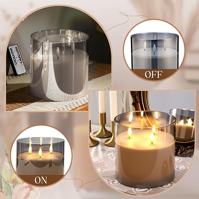 Retisee 6'' x 6'' Extra Large Flameless Candles, 3 Wick Glass Large Candles with Remote Control and Timer Function, Real Wax LED Pillar Flickering for St. Patrick's Spring Party Decor(Gray,1 Pcs)