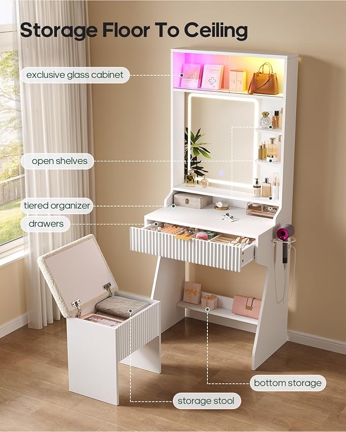 Small Vanity Desk with Mirror and Lights, Sound Sync LED Lights, Fluted Wood Compact Makeup Vanity Table Set with Teddy Fleece Chair, Storage Drawer, Shelves, Bedroom (White)