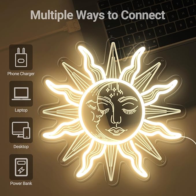 Vintage Burning Sun and Moon Neon Sign - Remote Dimmer 3D Boho Aesthetic Room Decor Celestial Mystic Sun Moon USB Power LED Sign Light w/Closed Eyes Psychedelic for Bedroom Gift - 12"