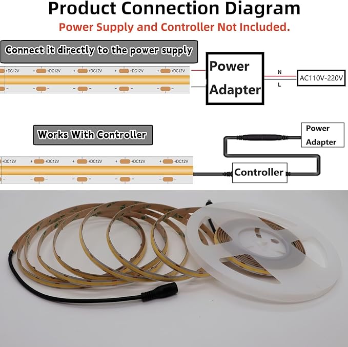 IP65 COB LED Strip Light, 480LEDs/m High Density 6000K Cool White, 16.4FT DC12V Flexible Cuttable CRI90+ Uniform No-Spot Lighting for Kitchen,Bathroom&Under Cabinet,Home DIY Lighting(No Power Supply)