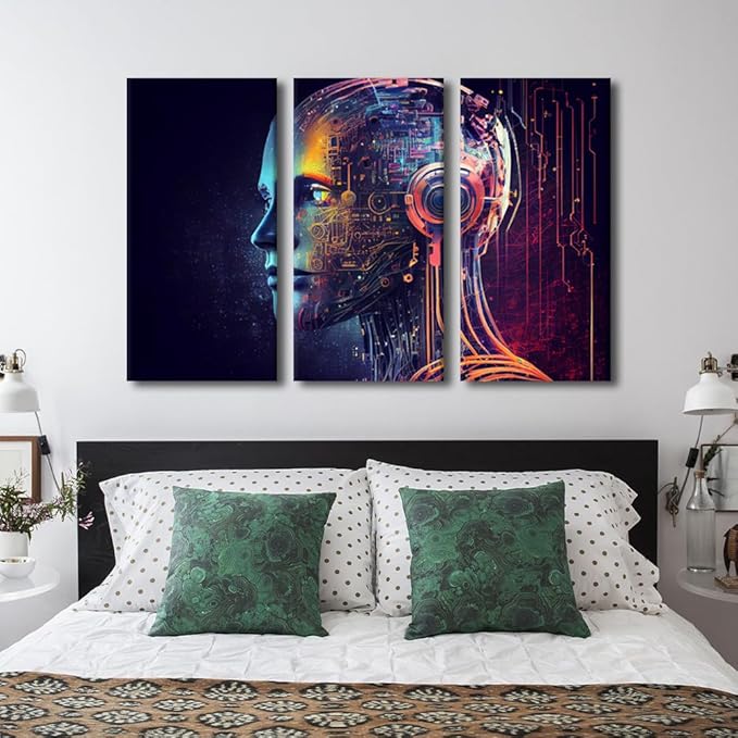 TUMOVO Artificial Intelligence Wall Art Neon Neural Network Canvas Printing Posters Futuristic Technology Artwork for Bedroom Living Room Decorations Framed Ready to Hang, 42" Wx28 H