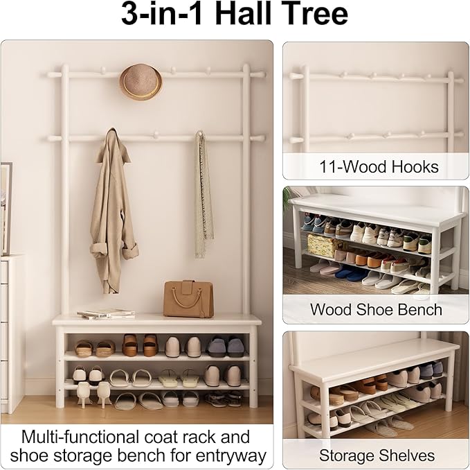 AQIMUELE Coat Rack with Shoe Storage, Wooden Hall Tree with Bench, 11 Hooks and 2-Tier Storage Shelves, 3-in-1, Entryway Bench with Coat Rack (39.3"-Deep White)