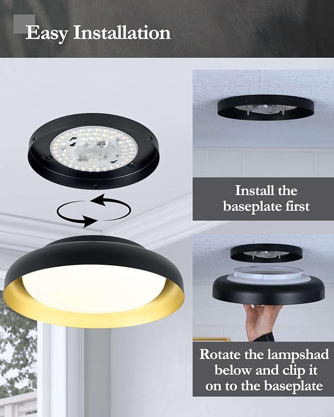 Ken & Ricky Flush Mount Ceiling Light Fixture, Led Dimmable 24w for Bedroom Kitchen Bathroom Laundry Hallway Entryway,Remote Control (Black and Gold,12Inch,2PK)