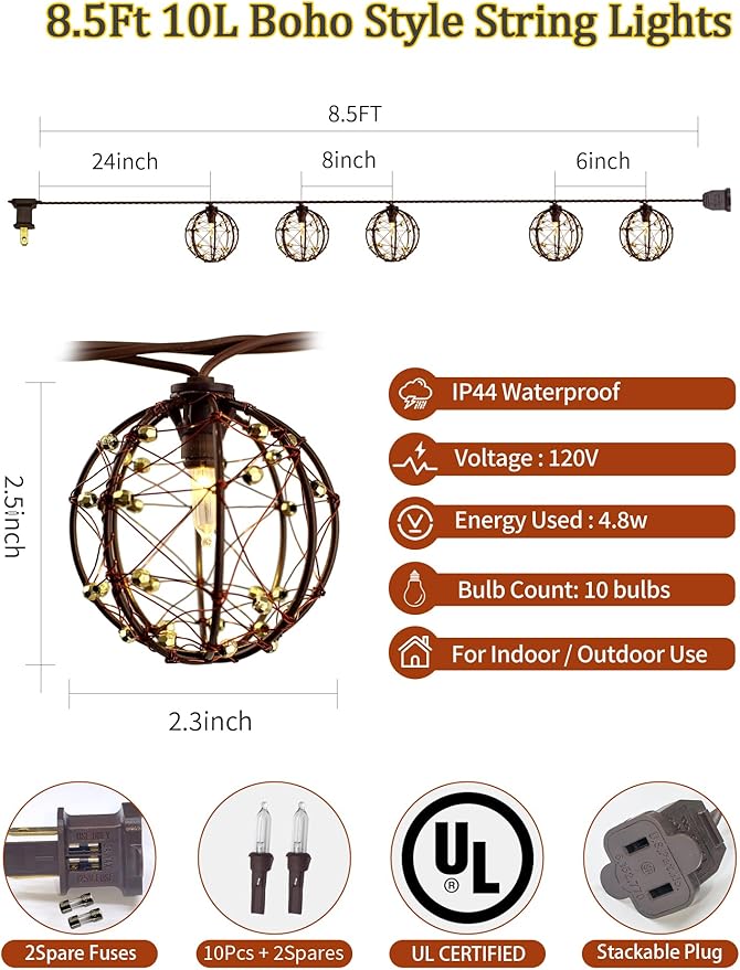 8.5Ft Outdoor Decorative Patio Lights, 10L Beaded Copper Wire Ball Style Lantern Lights, Connectable Weather-Resistant Indoor Outdoor Boho String Lights for Home Pergola Campings Porch Party Backyard