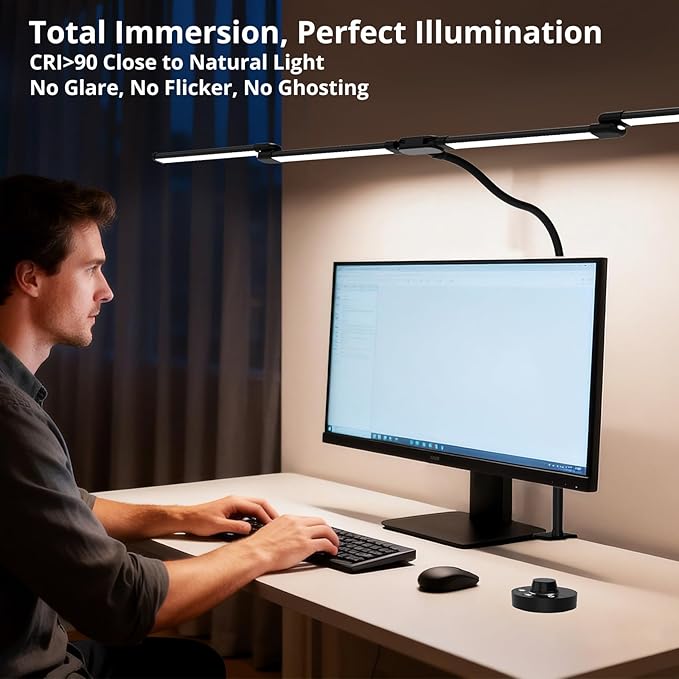 Desk Lamp, Clamp Desks Lamps for Home Office, 24W Flexible Gooseneck Table Lamp, 10 Color Modes & Brightness Eye-Caring Desk Light w/USB Adapter (12V2A Black)