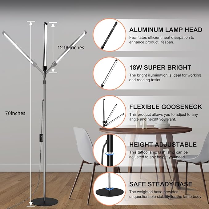 18W Tattoo Lamp Light with Stepless Adjustable 3000K-6000K Colors and Dimmer, Lash Lamp Makeup Light with USB Port, 112 Bulls Led Floor Lamp for for Living Room, Bedroom, Outdoor