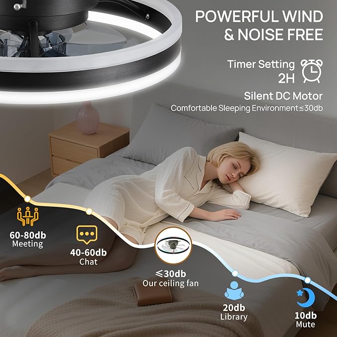 16 Inch RGB Low Profile Ceiling Fans with Lights, Modern Flush Mount Fandelier Chandelier Fixture, Remote & APP Control, Black LED Ceiling Fan Light for Bedroom, Living Room, Kitchen Indoor