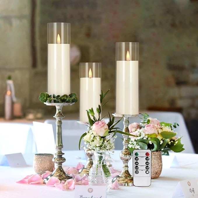 Flickering Flameless Candles Battery Operated with Remote and 2/4/6/8 H Timer Plexiglass LED Pillar Candles with Realistic Moving Wick for Home Decor Pack of 48 (D2.2 xH 5" 6" 7") (Ivory)