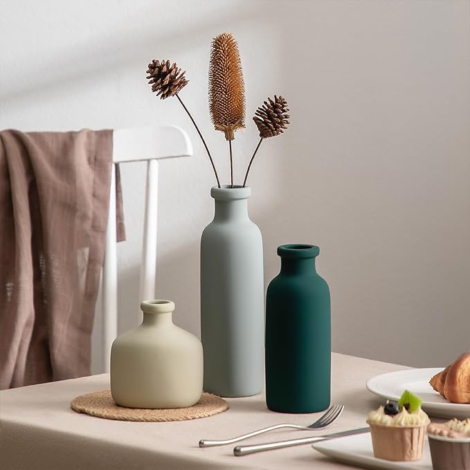 Ceramic Vase Set of 3 - Rustic Vases Set for Flower Centerpieces Pampas Grass - 3 Bud Vases for Home Decor - Modern Terracotta Vases for Home Farmhouse Table Office, Mini Pottery Vase by Lyeec