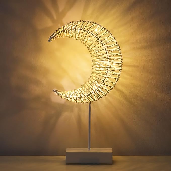 Lewondr Ramadan Decorations Moon Table Lamp, Moon Shape Rattan Ramadan Desk Lamp Battery Powered Light, Winding Thread LED Crescent Light for Home Bedroom Bedside Desktop Eid Mubarak Decorations