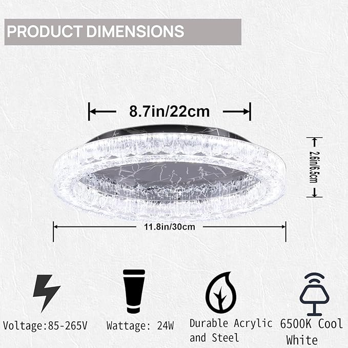 Black Modern Acrylic Ceiling Light, 11.8 inch Round LED Flush Mount Chandeliers Alternative Light Fixture with Stainless Stell Base for Dining Room Bedroom Low Ceiling, 24W 6500K