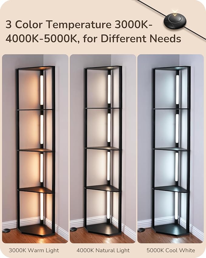 EDISHINE 64" Corner Display Shelf with Light, Modern Corner Floor Lamp with Shelves, 3CCT, Stepless Dimmable Standing Lamp for Living Room, Bedroom, Office, Dining Room, 3000K 4000K 5000K, Black