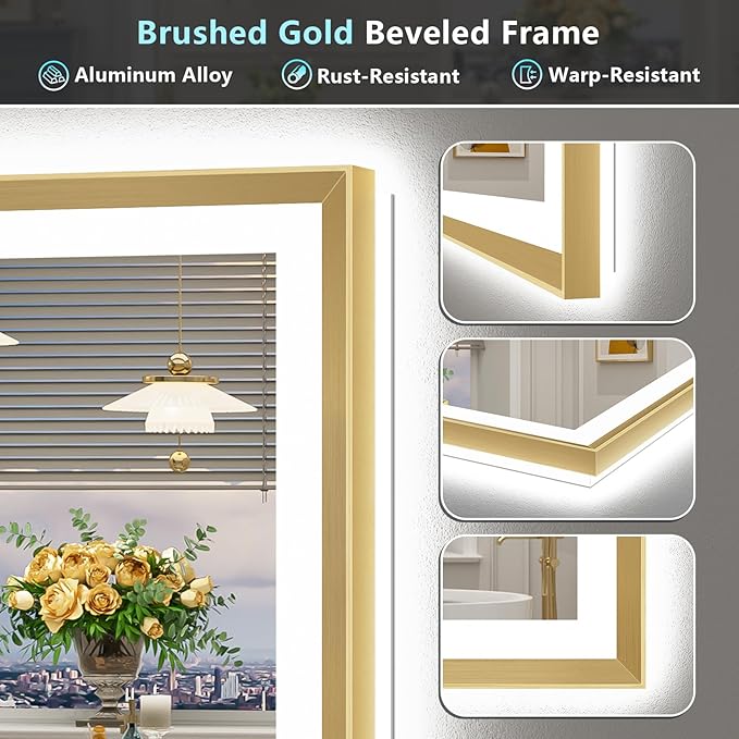 48x28 Gold Beveled LED Bathroom Mirror with Lights, Brushed Gold Framed Backlit and Front Lit Anti-Fog Lighted Vanity Mirrors for Bathroom Wall, Dimmable, 3 Colors, Memory, HD Tempered Glass