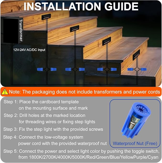 Outdoor Step Lights, 5W 12V Landscape LED RGB Color Changing Outdoor Low Voltage Deck Step Stair Lights Wired for Railing Fence Retaining Wall Christmas Decorations, Heavy Duty, Black, 12PK