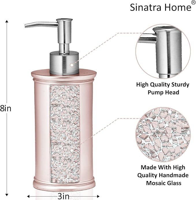 Zahari Home 4pc Sinatra Stylish Bathroom Accessories Set Liquid Soap Dispenser, Tumbler, Tooth Brush Holder and Soap Dish Modern Classic Luxury Decor Bling Mosaic Glass Blush Bathroom Accessories