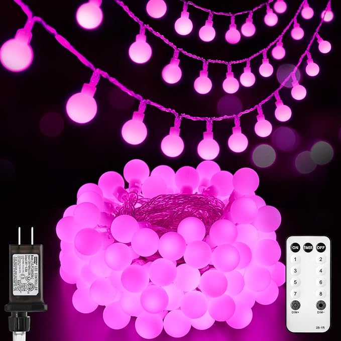 Minetom Globe String Lights, 33 Feet 100 Led Fairy Lights Plug in, 8 Modes with Remote Mini Globe Lights for Indoor Outdoor Bedroom Party Wedding Garden Christmas Tree Decor, Pink