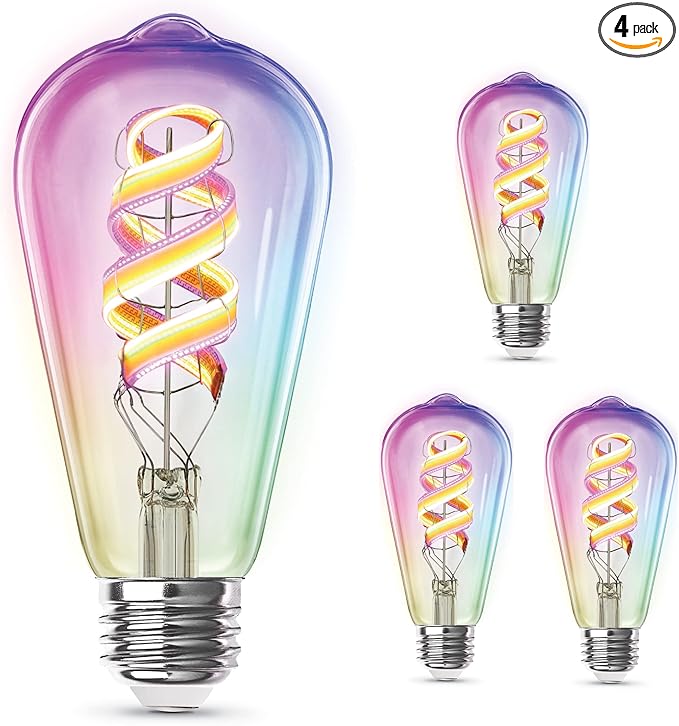 Feit Electric ST21 Smart Spiral LED Filament Edison Bulb, 60W Equiv, RGBW Color Changing, Dimmable, 2.4GHz Wi-Fi Enabled, Works with Alexa & Google Home, App Control, ST2160/RGBW/FIL/AG/4, 4 Pack