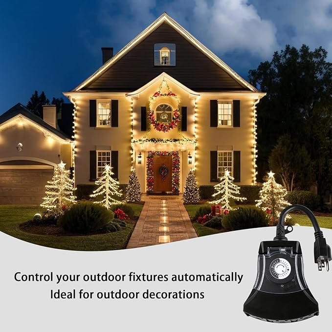 Outdoor Timer Outlet Waterproof, 24 Hour Mechanical Timer Outlet for Home and Garden, 3 Grounded, 15A 3/4HP, Black, 2 Pack