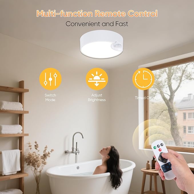 Battery Motion Sensor Ceiling Light: Indoor LED Wireless Ceiling Lights with Remote - Cordless Motion Activated Wall Lamp with Timer for Closet Hallway Bedroom (Battery Powered)