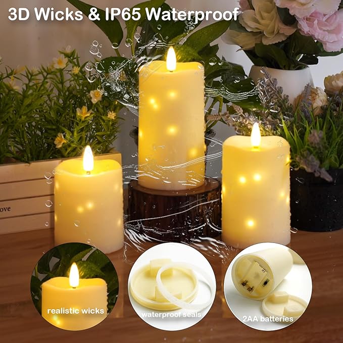 Flameless Candles Embeded Twinkle Starlight, Waterproof LED Flameless Candles with Remote, Plastics Realistic Pillar Candles for Home Decor, Outdoor Garden, Patio Decor 3pcs(Ivory)
