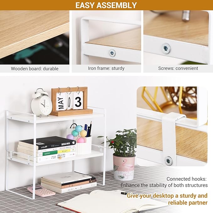 Desk Shelf Organizer for Top of Desk, Detachable 2 Tier Desktop Bookshelf, Wooden Desk Shelves Storage Rack, Small Desktop Shelf for Office Home Dorm, Tabletop Desk Organizer Stand (White+White)