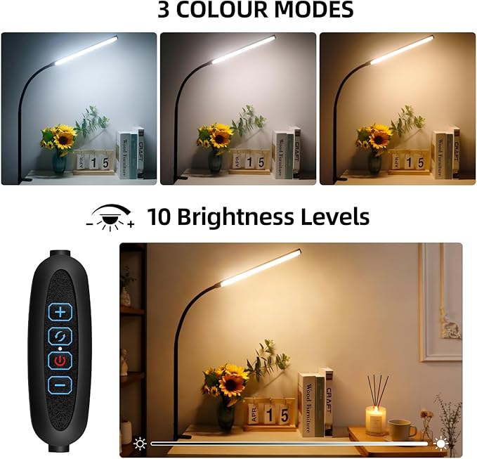 LED Desk Lamp with Clamp Clip on Reading Light Dimmable USB Small Clamp Lamp with 3 Color Modes 10 Brightness, Adjustable Flexible Gooseneck Workbench Light for Bed Headboard, Nail, Computer