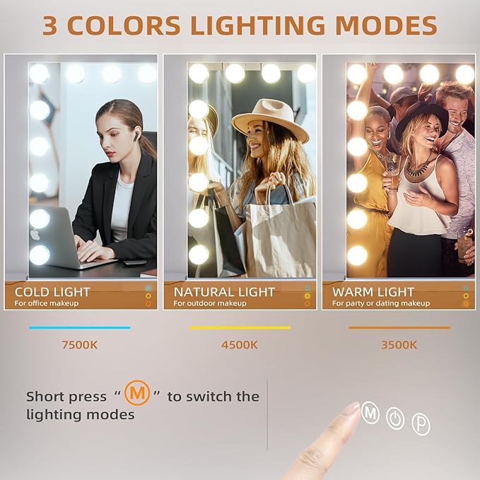 Fenair Large Vanity Makeup Mirror with Lights 32"X23" Lighted Hollywood Mirror with 18 Dimmable Bulbs, 3 Color Light Settings, USB Port, Bedroom Makeup Mirror for Tabletop