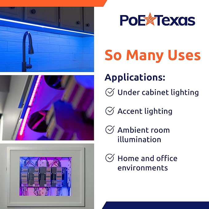 PoE Texas RGB LED Strip Lighting Kit - Plug & Play PoE Driver with COB LED Strip - Wireless Light Switch & App Control - Individually Addressable Color Changing Dotless Lights for Home or Office