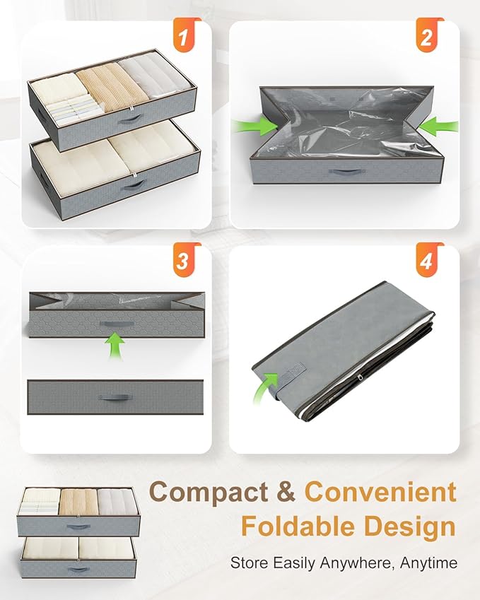 Large Under the Bed Storage,[2 Pack/Upgraded Bottom fabric] Carpet-Friendly Design Under Bed Storage Containers with Sturdy Sidewalls,Foldable under bed organizer for Clothes,Blankets,Sweater