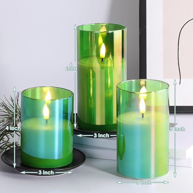 Eywamage Green Glass Flameless Pillar Candles with Remote, Flickering Spring Battery LED Candles Holiday Decor Set of 3