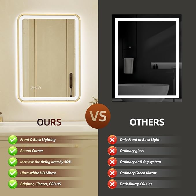 20x28 Inch Gold Framed LED Bathroom Mirror with Lights, Built-in Bluetooth Speaker, Dimmable Lighted Bathroom Vanity Mirror with 3 Colors, Backlit + Frontlit, Memory, Anti-Fog
