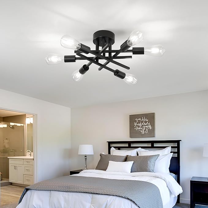 Semi Flush Mount Motion Sensor Ceiling Light Fixture，6 Lights Black Vintage Matte Sputnik Chandelier Ceiling Lamp with E26 Bulb Base for Farmhouse Dining Room Living Room Bedroom Study Kitchen