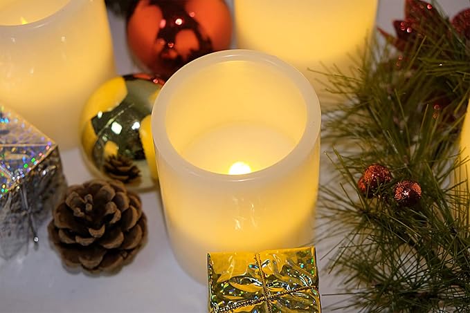 Eldnacele Flameless Flickering Candles Battery Operated Real Wax White Color with 8 Hours Timer for Christmas Home Decoration and Parties Set of 6(3"x 4", 3"x 6")