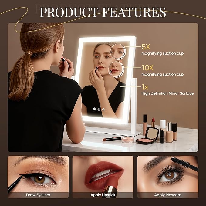 DECADENCE Vanity Mirror with Lights, 17.3’’ LED Makeup Mirror Detachable 10X/5X Magnification, Smart Touch Control, 3 Color Lighting Modes,360°Rotation Tabletop Make Up Mirror for Bedroom Bathroom