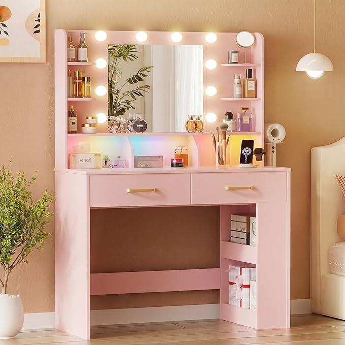 COMHOMA Vanity Desk with Lighted Mirror and Power Outlet, RGB LED Lights Makeup Vanity Set for Girls, Large Storage Capacity Dressing Table for Bedroom, 3 Lighting Modes Adjustable Brightness, Pink